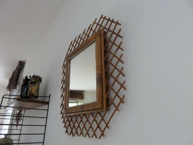 GRAND MIROIR MURAL EN ROTIN HEXAGONAL ANNEES 50 60 VINTAGE