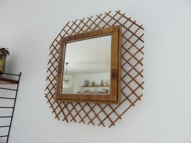 GRAND MIROIR MURAL EN ROTIN HEXAGONAL ANNEES 50 60 VINTAGE