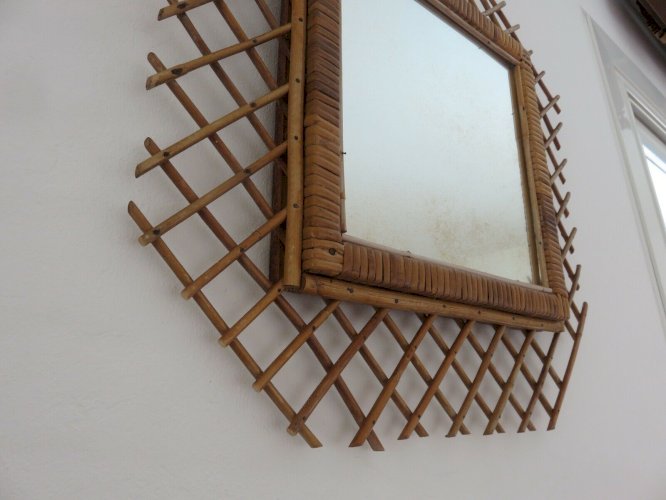 GRAND MIROIR MURAL EN ROTIN HEXAGONAL ANNEES 50 60 VINTAGE