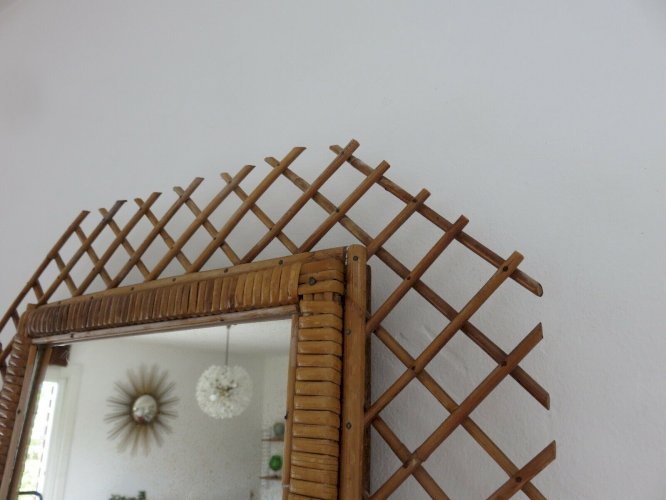 GRAND MIROIR MURAL EN ROTIN HEXAGONAL ANNEES 50 60 VINTAGE