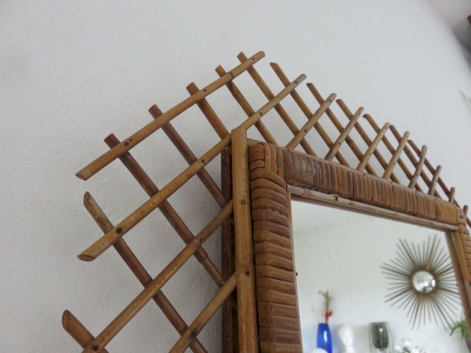 GRAND MIROIR MURAL EN ROTIN HEXAGONAL ANNEES 50 60 VINTAGE