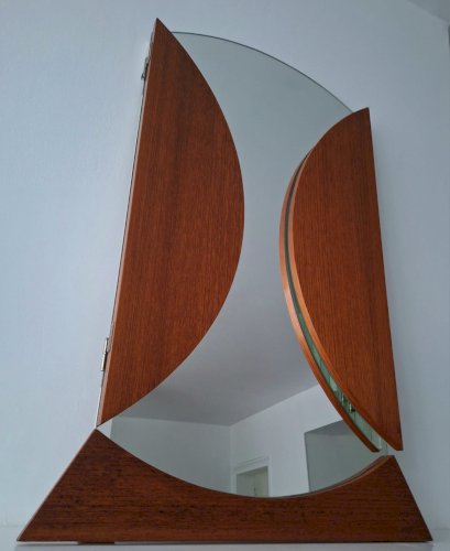 Grand miroir rond vintage triptyque, décoration rétro ancienne