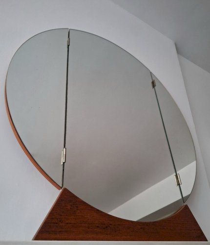 Grand miroir rond vintage triptyque, décoration rétro ancienne