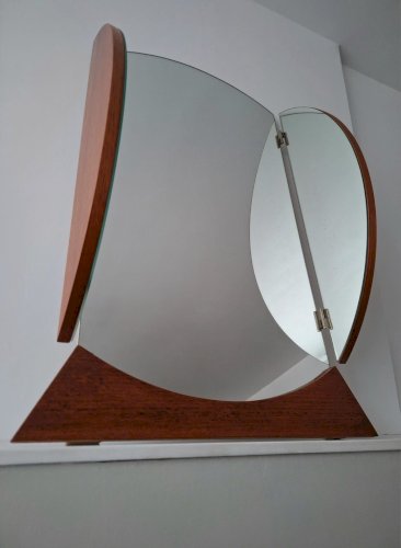 Grand miroir rond vintage triptyque, décoration rétro ancienne