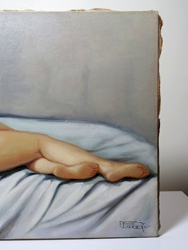 Grand nu huile sur toile Fortuné Pirazzini - Femme se reposant - XXe