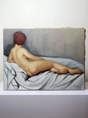 Grand nu huile sur toile Fortuné Pirazzini - Femme se reposant - XXe