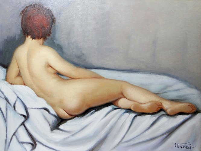 Grand nu huile sur toile Fortuné Pirazzini - Femme se reposant - XXe