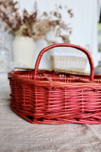 Grand panier vintage en osier peint - Forme de pêche
