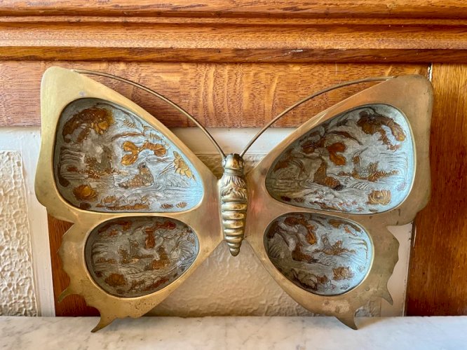 Grand papillon en laiton cloisonné vintage