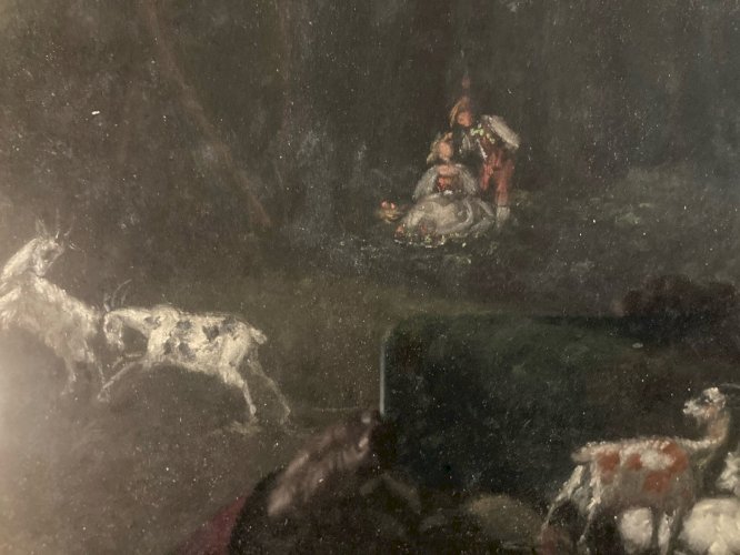 Grand Pastel XIXe Paysage Scène Bucolique, Romantisme Chèvre Ancien Art