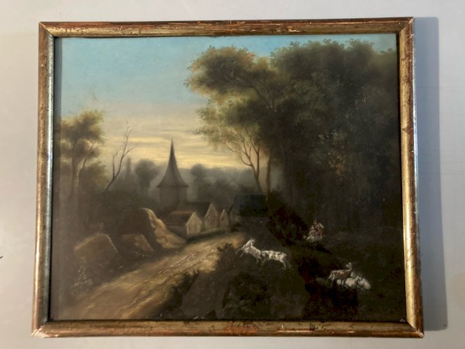 Grand Pastel XIXe Paysage Scène Bucolique, Romantisme Chèvre Ancien Art