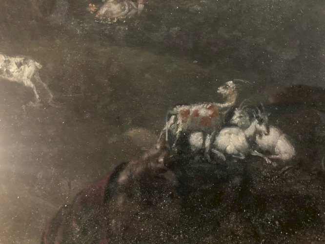 Grand Pastel XIXe Paysage Scène Bucolique, Romantisme Chèvre Ancien Art