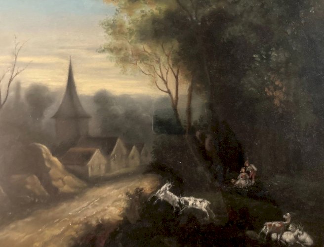 Grand Pastel XIXe Paysage Scène Bucolique, Romantisme Chèvre Ancien Art