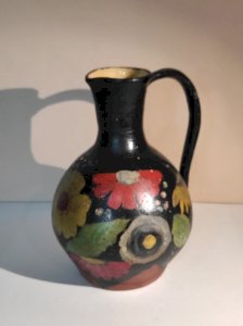 Large Vintage Ceramic Pitcher 30cm Vallauris Style 1950s, Black, Floral