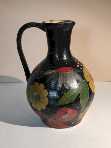Grand Pichet Céramique Vintage 30cm Style Vallauris Années 50,Noir,Floral
