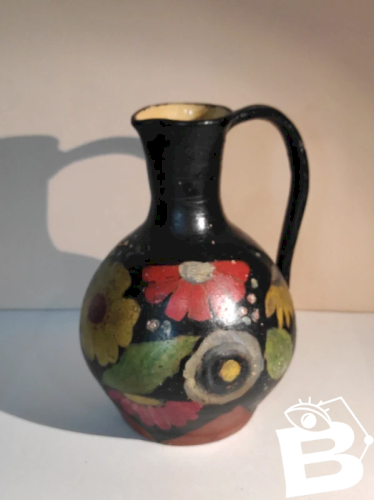 Grand Pichet Céramique Vintage 30cm Style Vallauris Années 50,Noir,Floral