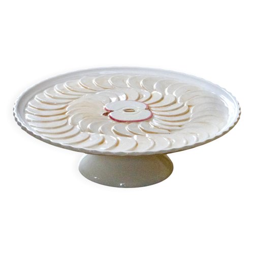 Grand plat à tarte vintage sur piédouche en barbotine tarte aux pommes