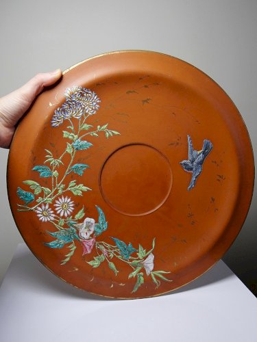 Grand plat argile/terre cuite ancien émaillage japonisant art nouveau