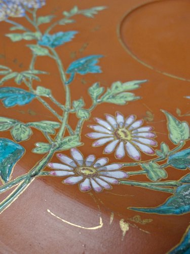 Grand plat argile/terre cuite ancien émaillage japonisant art nouveau