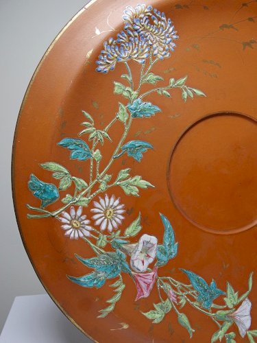 Grand plat argile/terre cuite ancien émaillage japonisant art nouveau