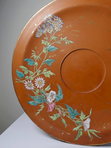 Grand plat argile/terre cuite ancien émaillage japonisant art nouveau