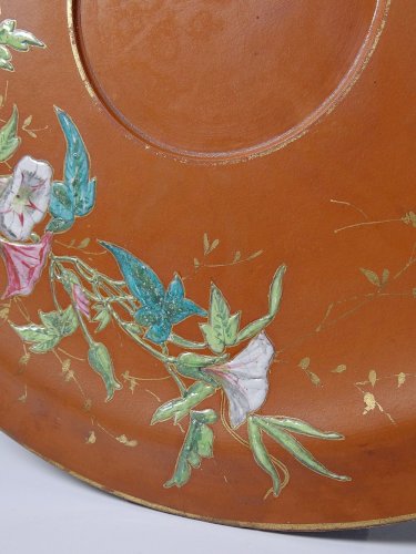 Grand plat argile/terre cuite ancien émaillage japonisant art nouveau