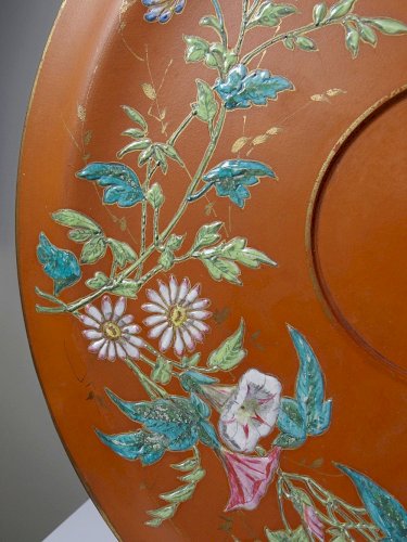 Grand plat argile/terre cuite ancien émaillage japonisant art nouveau