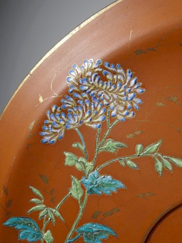 Grand plat argile/terre cuite ancien émaillage japonisant art nouveau