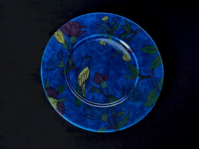 Grand plat décoratif bleu "Oiseaux" – signé Molin