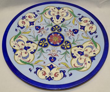 GRAND DECORATIVE CERAMIC PLATTER with a design of FANTASTIC BIRDS, CURLS, and FLOWERS