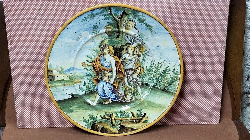 GRAND PLAT DECORATIF EN FAIENCE TRES ANCIEN DE 41 CM DE DIAMETRE