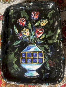 Grand plat mural en céramique de Vallauris nature morte vase au bouquet 1960's