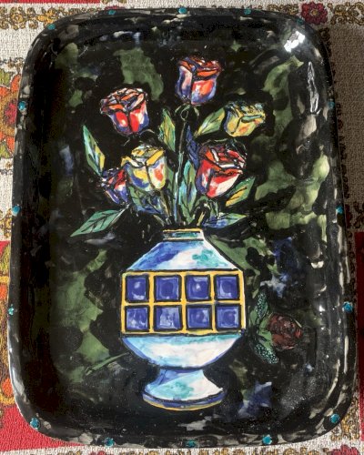 Grand plat mural en céramique de Vallauris nature morte vase au bouquet 1960's