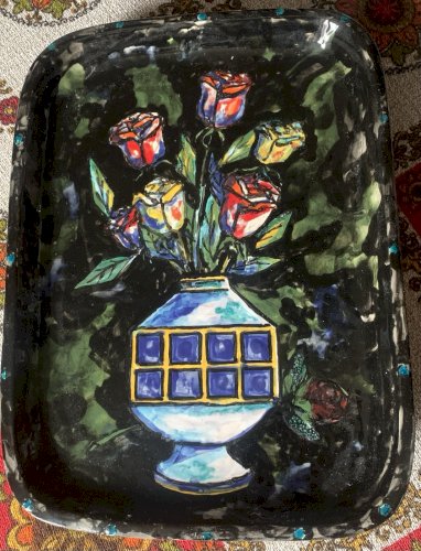 Grand plat mural en céramique de Vallauris nature morte vase au bouquet 1960's
