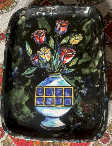 Grand plat mural en céramique de Vallauris nature morte vase au bouquet 1960's