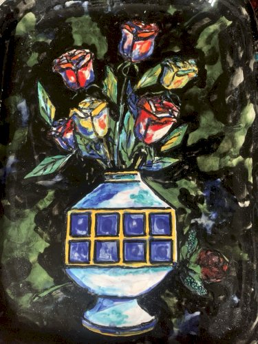 Grand plat mural en céramique de Vallauris nature morte vase au bouquet 1960's