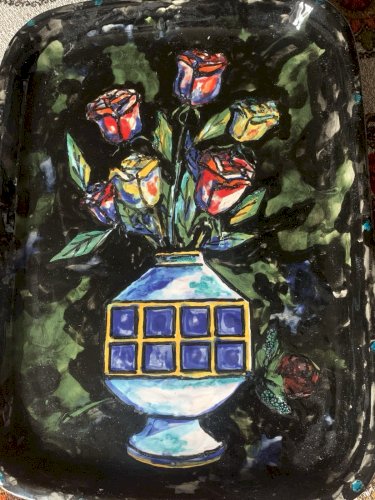 Grand plat mural en céramique de Vallauris nature morte vase au bouquet 1960's