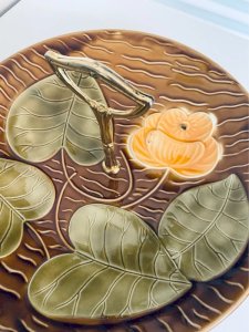 Large vintage lily pad dish Sarreguemines with golden handle 30cm