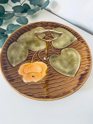 Grand plat nénuphar Sarreguemines vintage à anse dorée 30cm