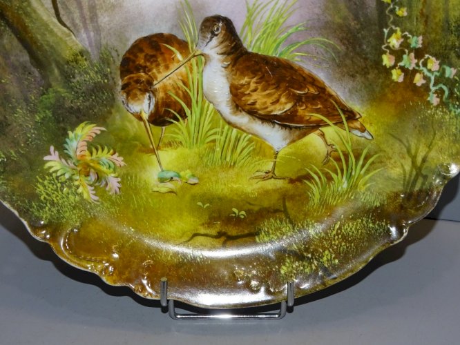 -GRAND PLAT PORCELAINE XIXe NAPOLEON III avec 2 Bécasseaux  dans un BOIS   D