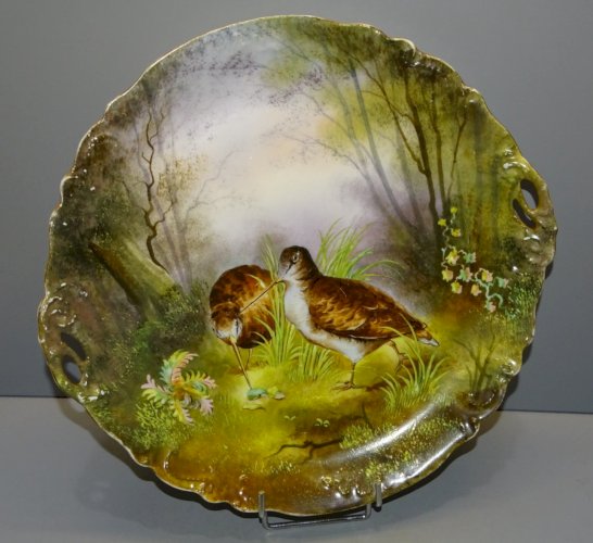 -GRAND PLAT PORCELAINE XIXe NAPOLEON III avec 2 Bécasseaux  dans un BOIS   D