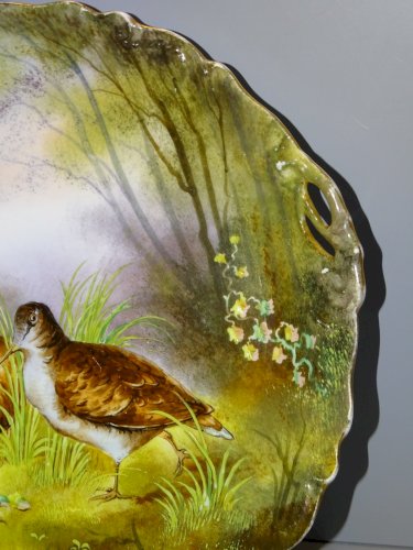 -GRAND PLAT PORCELAINE XIXe NAPOLEON III avec 2 Bécasseaux  dans un BOIS   D