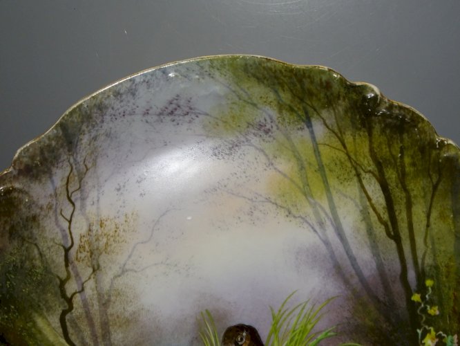 -GRAND PLAT PORCELAINE XIXe NAPOLEON III avec 2 Bécasseaux  dans un BOIS   D