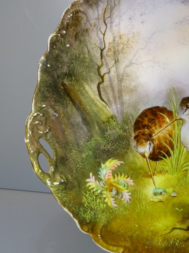 -GRAND PLAT PORCELAINE XIXe NAPOLEON III avec 2 Bécasseaux  dans un BOIS   D