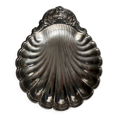 Grand plat vintage coquillage en métal argenté brillant