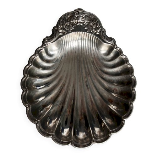 Grand plat vintage coquillage en métal argenté brillant