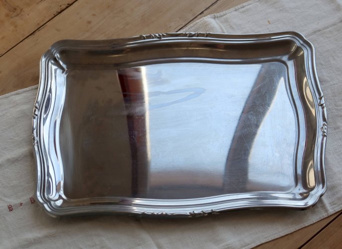 Grand plateau de service vintage en métal argenté