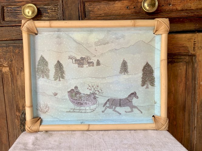 Grand plateau fibre de verre et bambou 1980