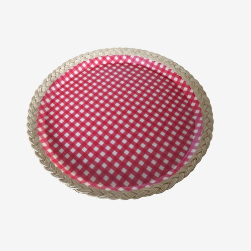 GRAND PLATEAU ROND EN ROTIN ET FIBRE DE VERRE  CARREAUX VICHY  ANNEES 50 60 