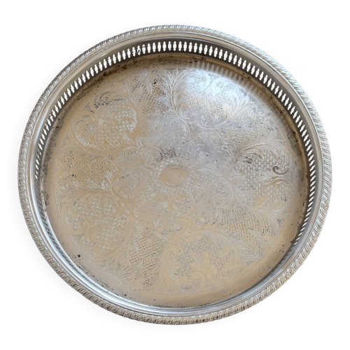Grand plateau rond vintage métal argenté gravé et ajouré